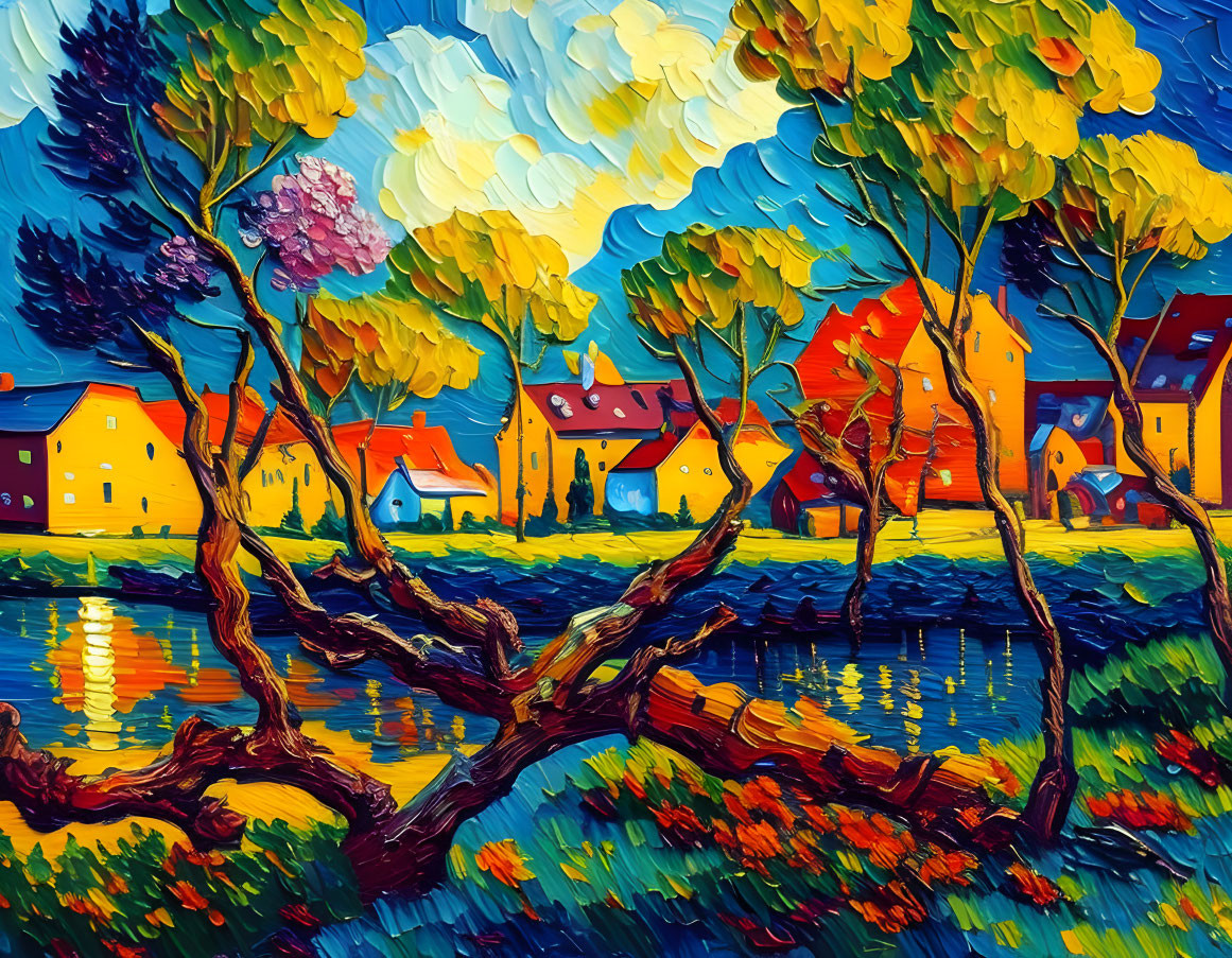 Colorful autumn village scene with vibrant houses, riverside trees, and lively sky.