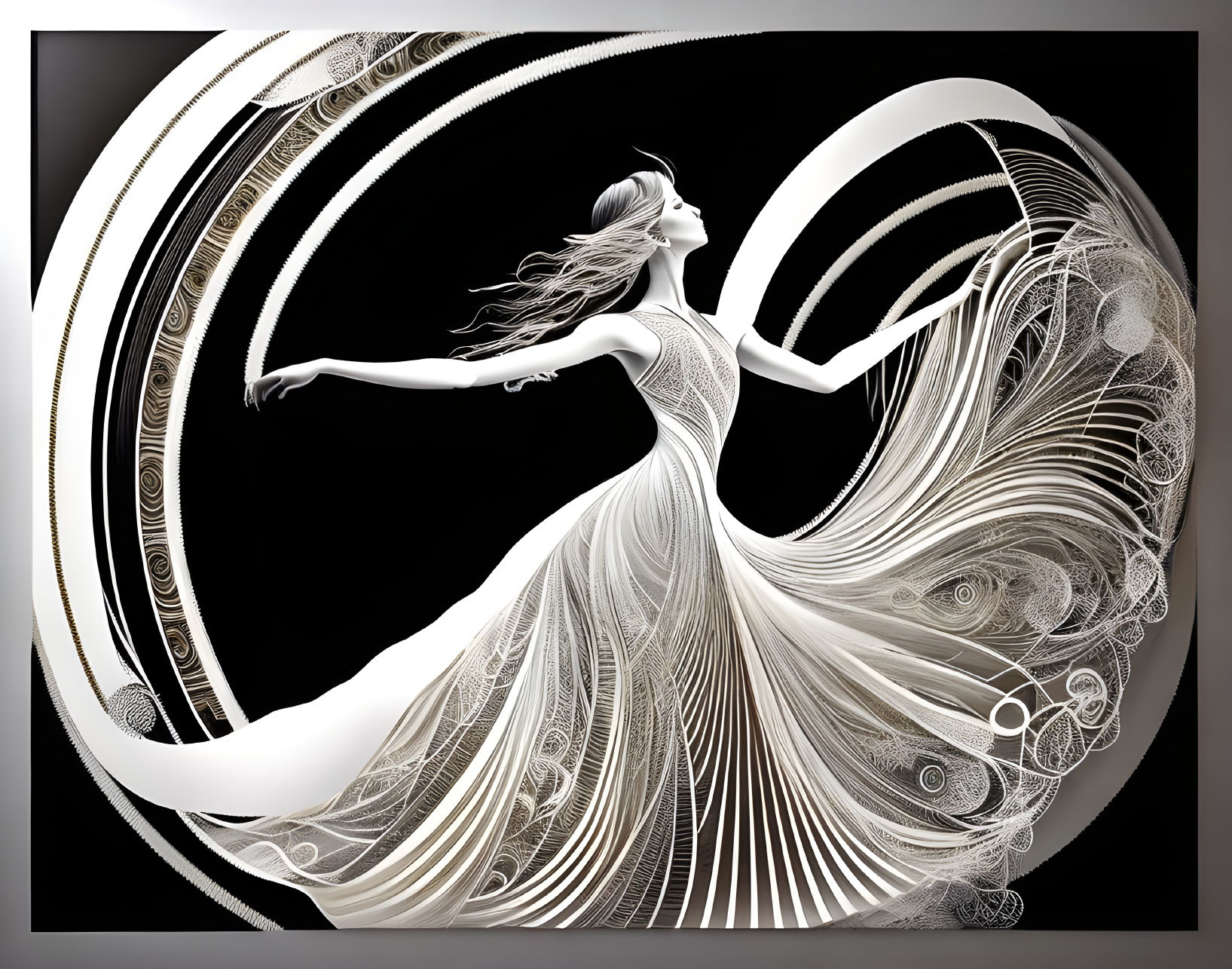 Monochromatic artwork: Woman merging with swirling patterns