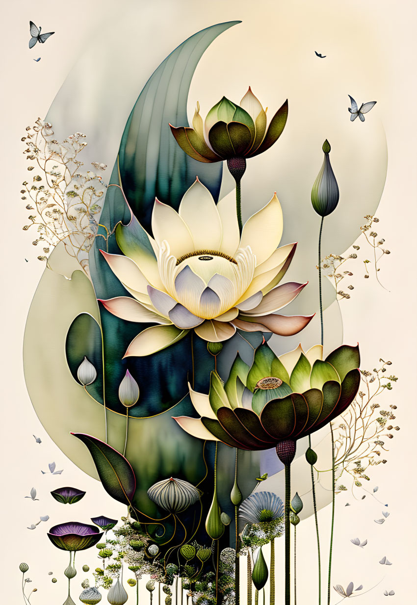 Lotus Flower Illustration with Butterflies on Cream Background