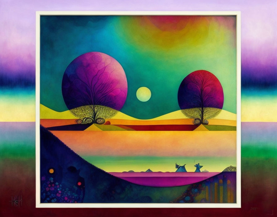 Colorful Abstract Landscape Painting with Trees, Sky, and Lake