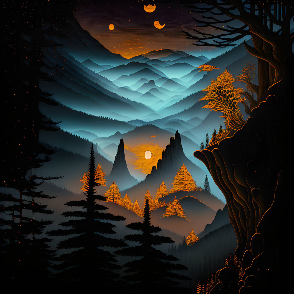 Layered Mountain Landscape with Multiple Moons and Glowing Trees