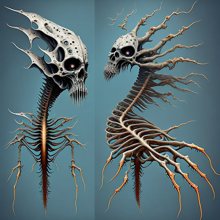 Fantastical creatures with skeletal heads and tree-like bodies on blue background