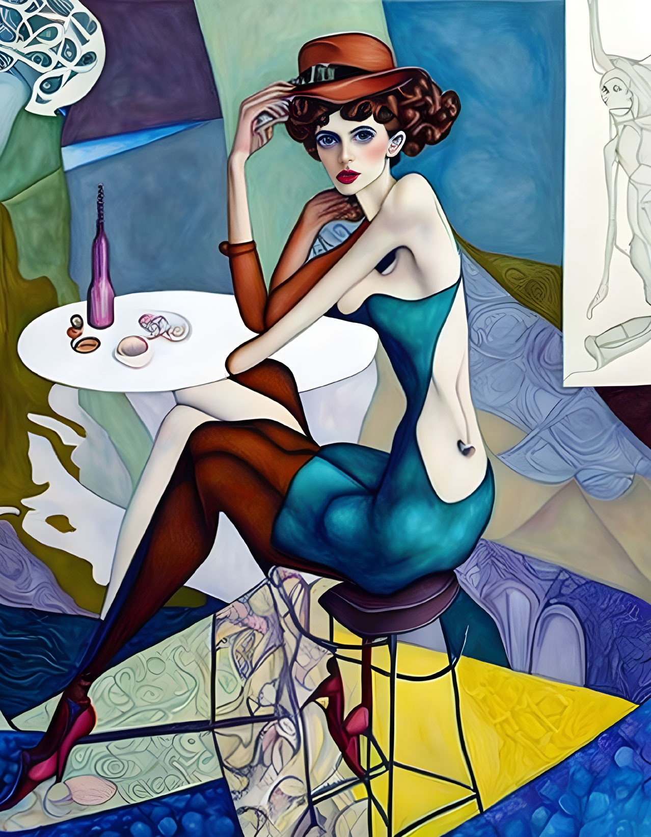 Abstract artwork of woman in blue dress at table with drink and macarons, hat, colorful background