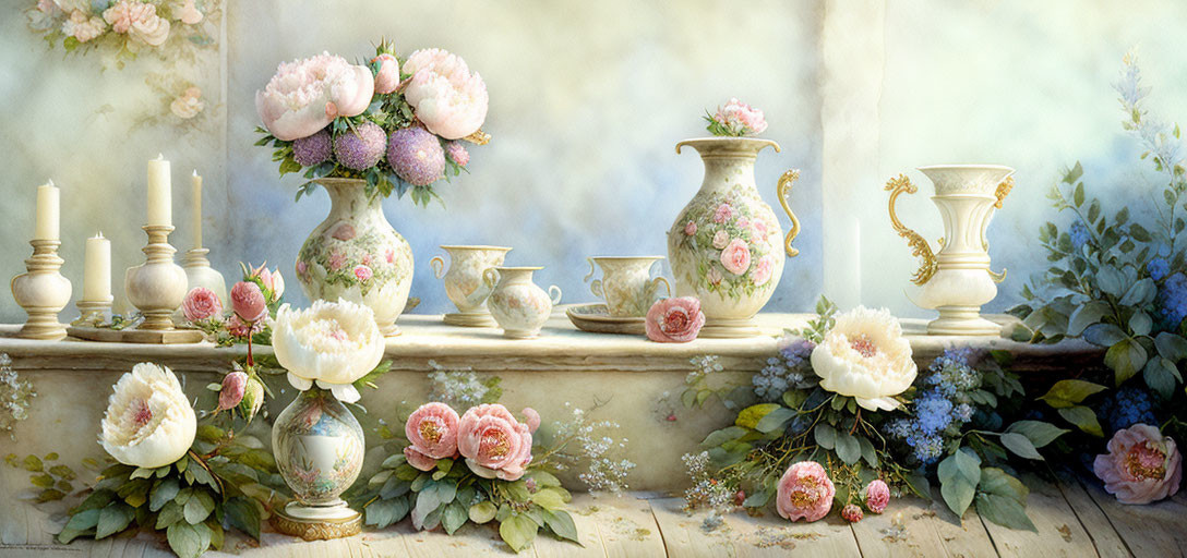 Elegant floral still life with peonies, daisies, vases, teacup