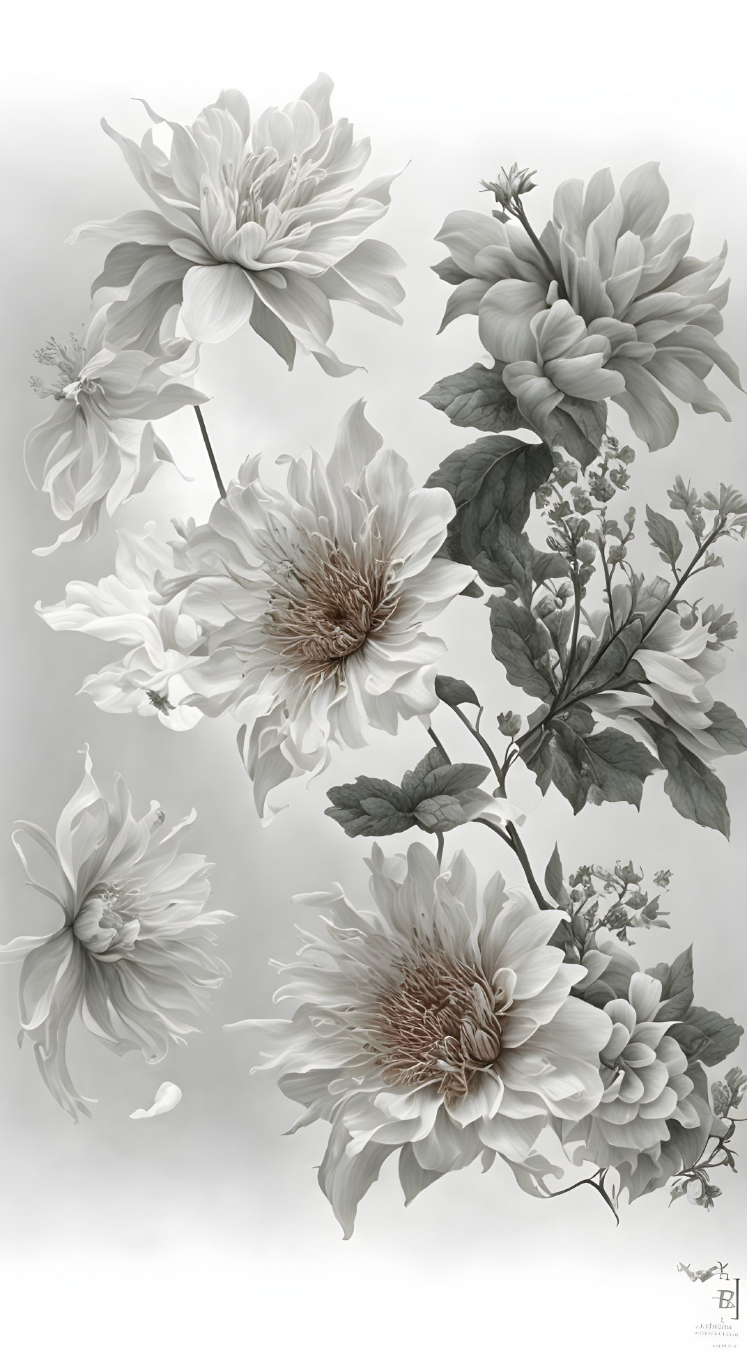 Detailed Monochromatic Flower Illustration in Grayscale