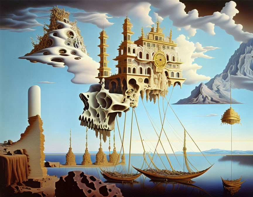 Surrealist painting of floating castles and skull-like formations