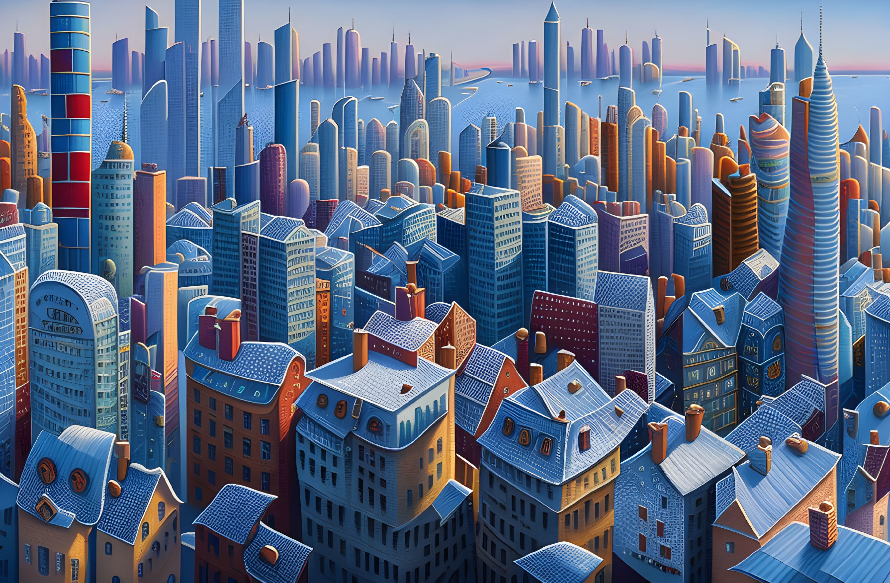 Colorful Stylized Cityscape with Densely Packed Buildings