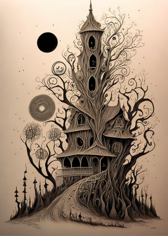 Detailed black and white whimsical treehouse illustration with celestial-themed sky