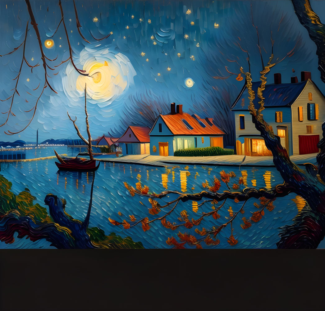 Colorful painting with swirling night skies and riverside town scene.