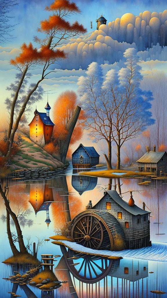 Tranquil lake scene with colorful trees, houses, watermill, and lighthouse