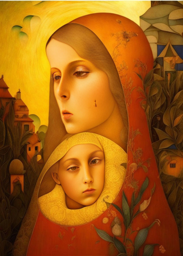 Solemn woman in red cloak holding child's face against golden backdrop