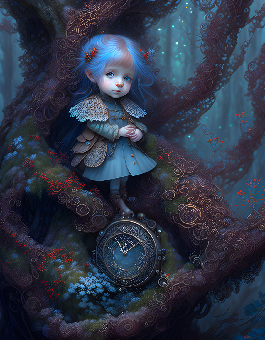 Fantasy illustration of blue-haired child in mystical forest