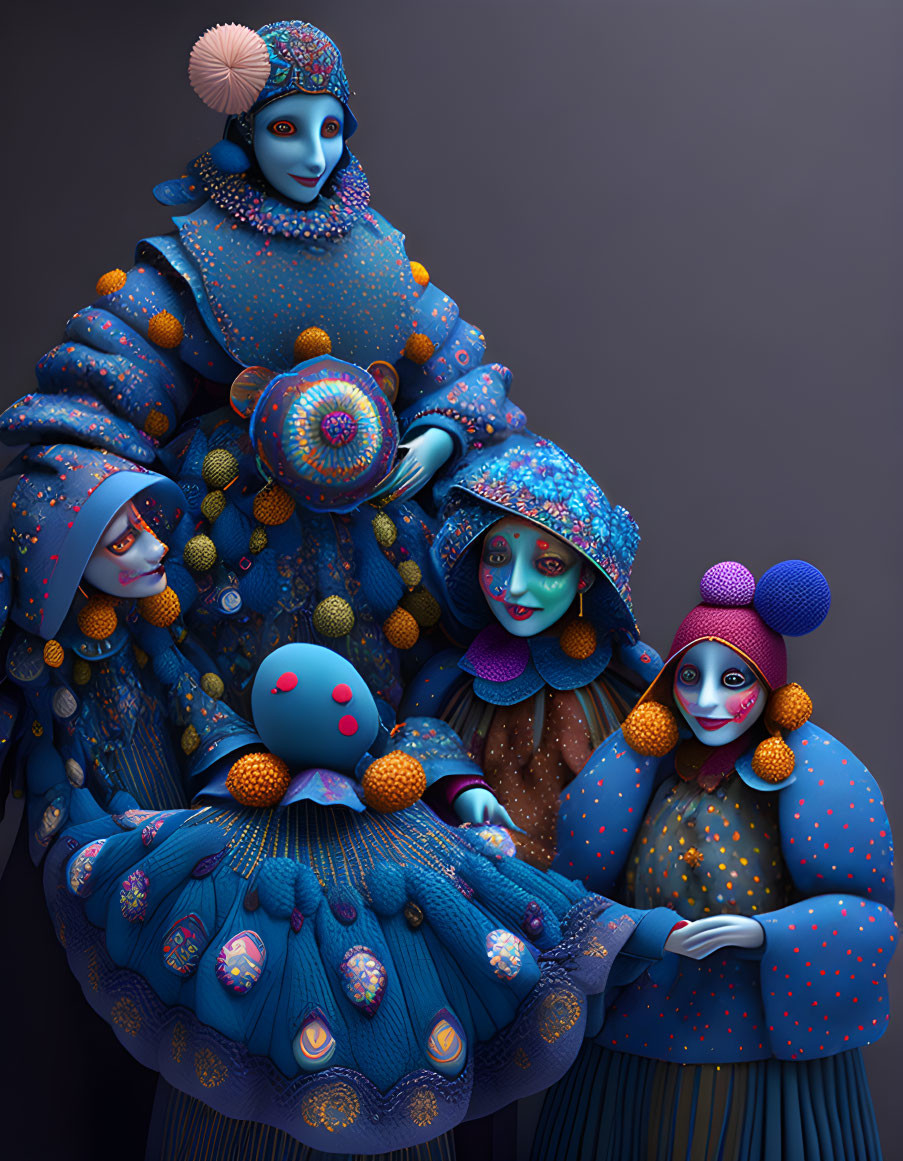 Four stylized characters with blue skin in colorful outfits posing with decorated orb