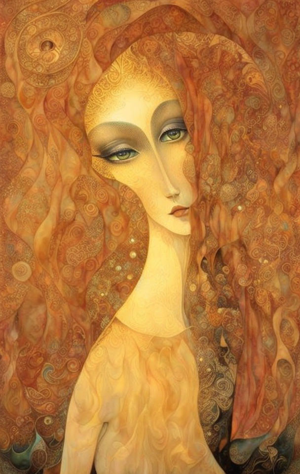 Stylized painting of woman with red hair on golden background