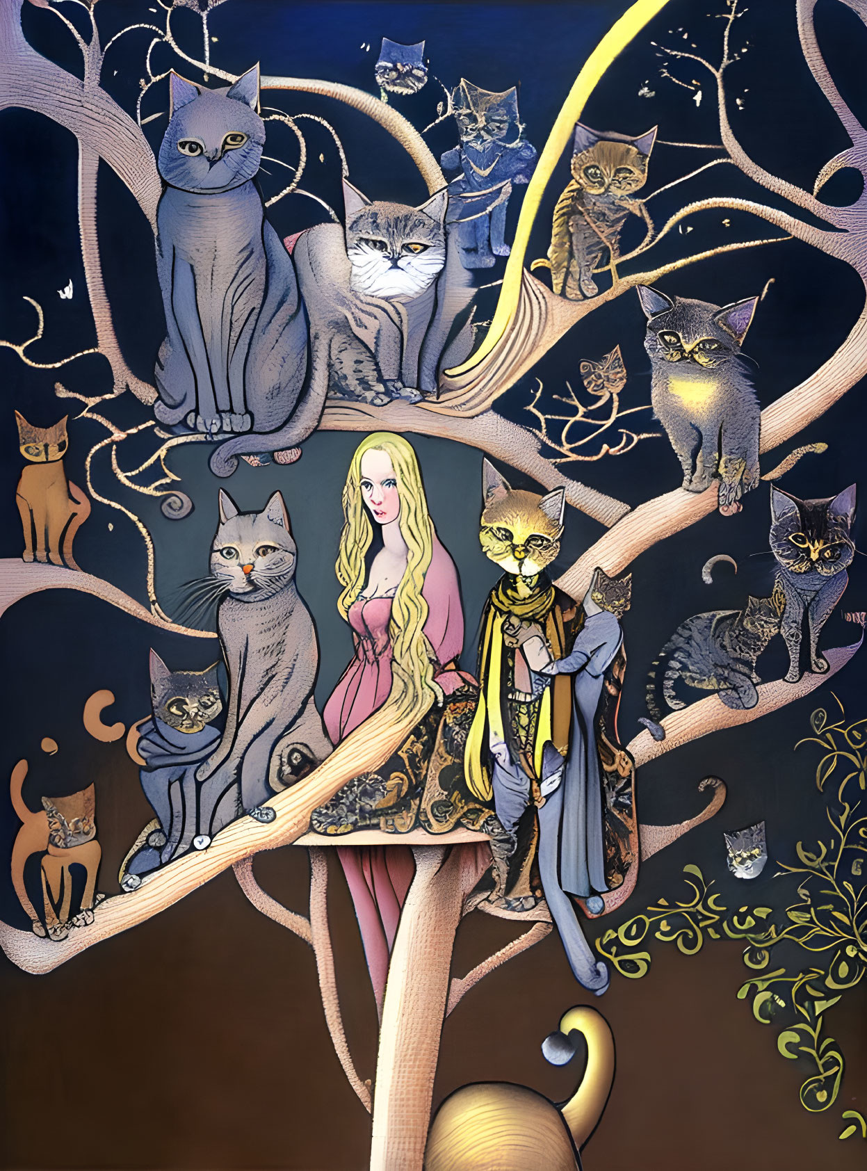 Blonde woman surrounded by stylized cats on tree branches at night