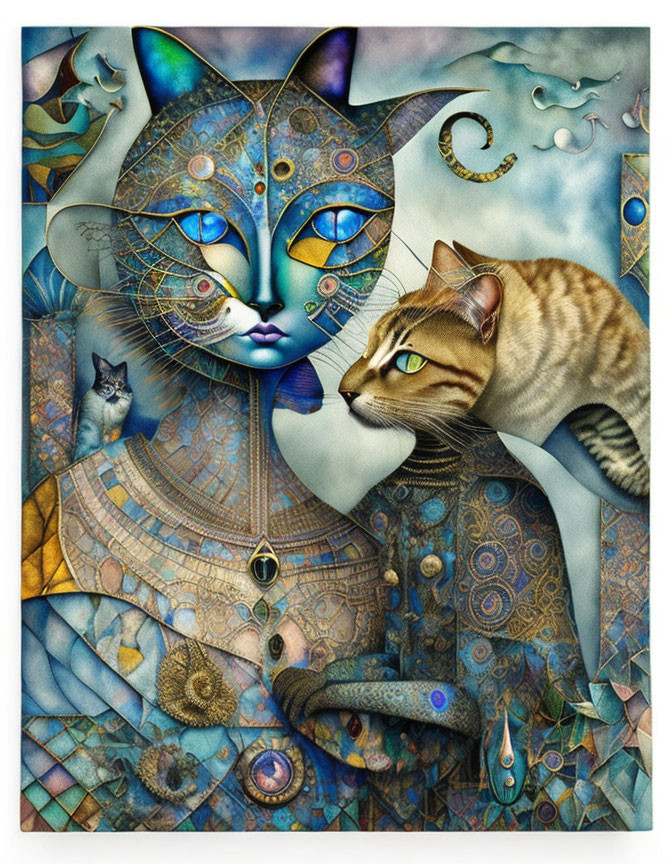 Colorful whimsical cat artwork with intricate patterns and mosaic background