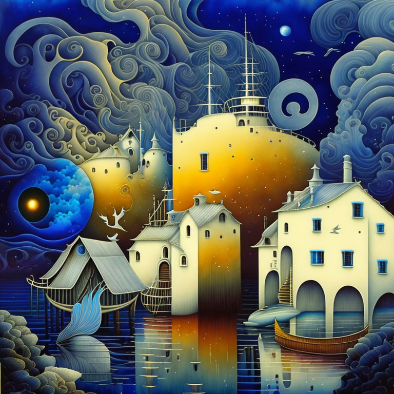 Colorful artwork: celestial bodies, cloud patterns, whimsical buildings, boat on water