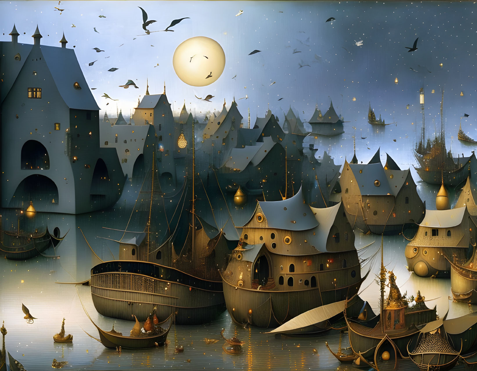 Moonlit night scene with ship-like buildings, vessels, and soaring birds under starry sky