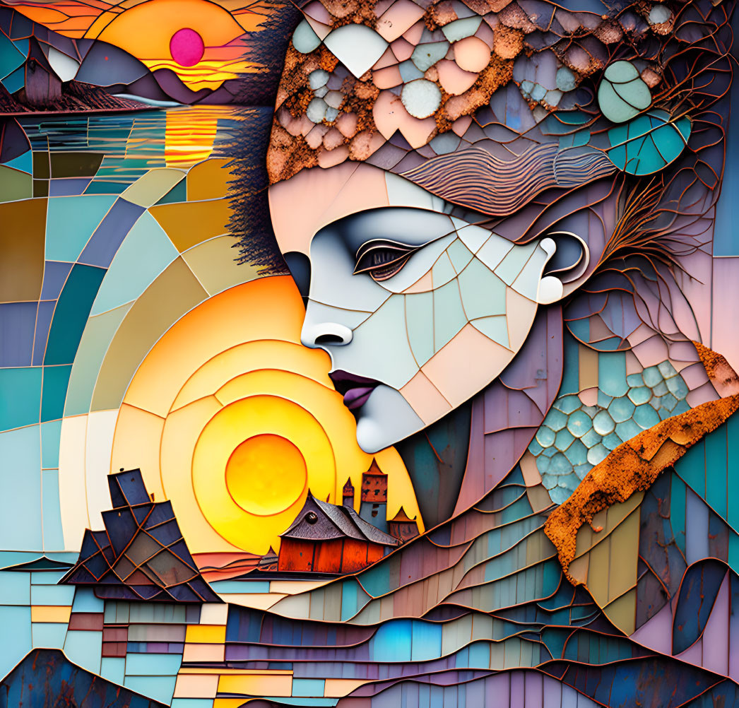 Abstract portrait blending female figure with landscape elements, rich textures, warm colors, geometric shapes