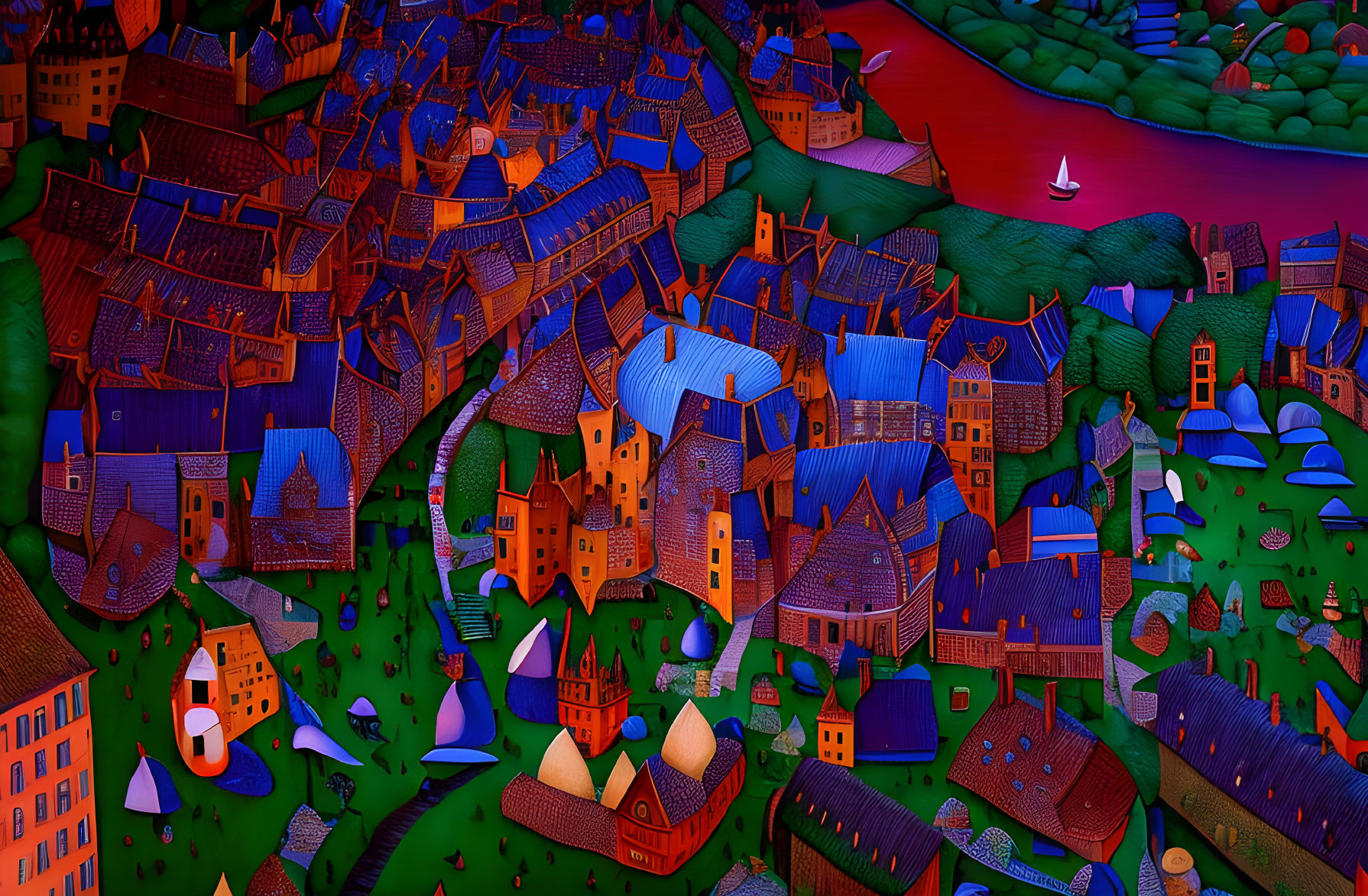 Illustration of Medieval Village with Blue-Roofed Buildings at Dusk