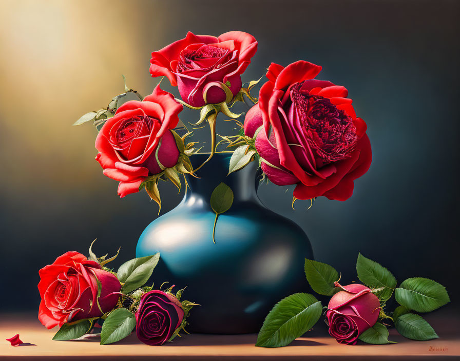 Bright red roses in blue vase on dark background