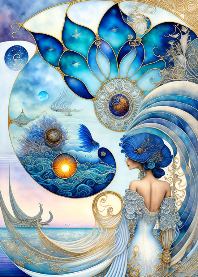 Fantasy and Art Nouveau-inspired illustration of elegant woman amidst celestial, oceanic, and intricate motifs