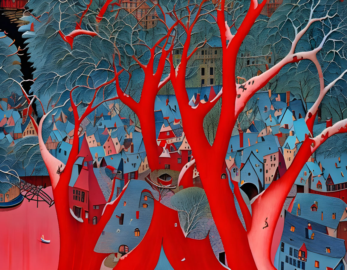 Surrealist artwork: Oversized red trees blend with blue foliage in urban landscape