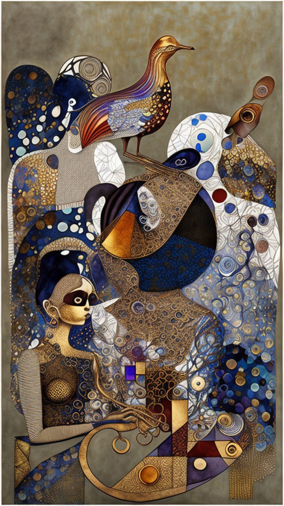 Abstract artwork: Stylized woman with bird, modern and organic motifs