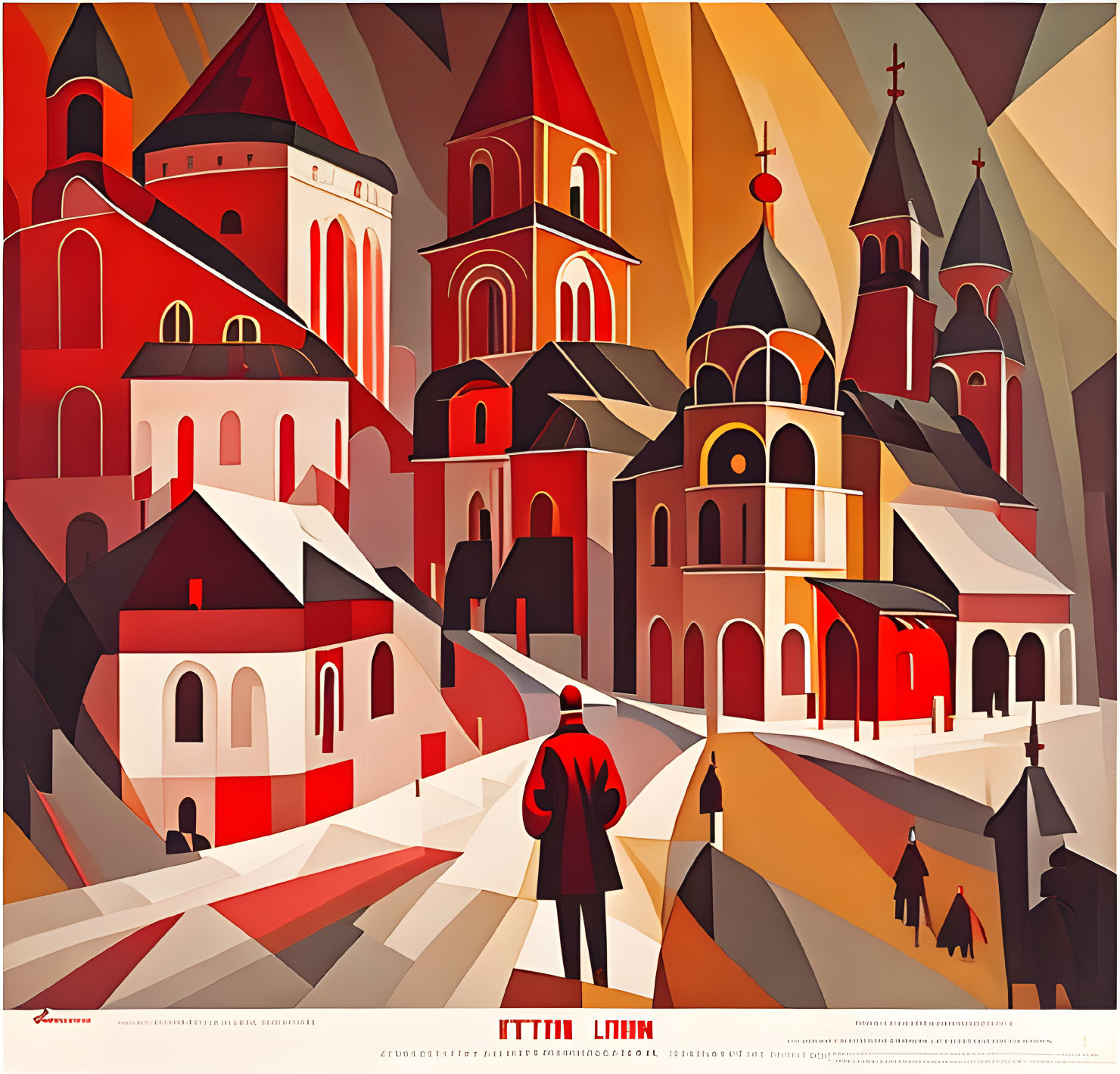 Geometric cityscape poster with person in red gaze