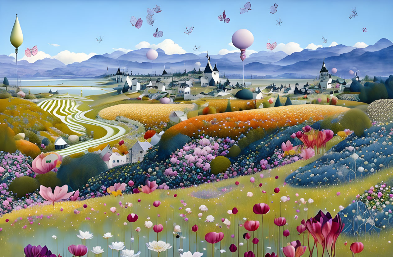 Colorful Landscape with Rolling Hills, Flowers, Balloons, Lake, and Mountains