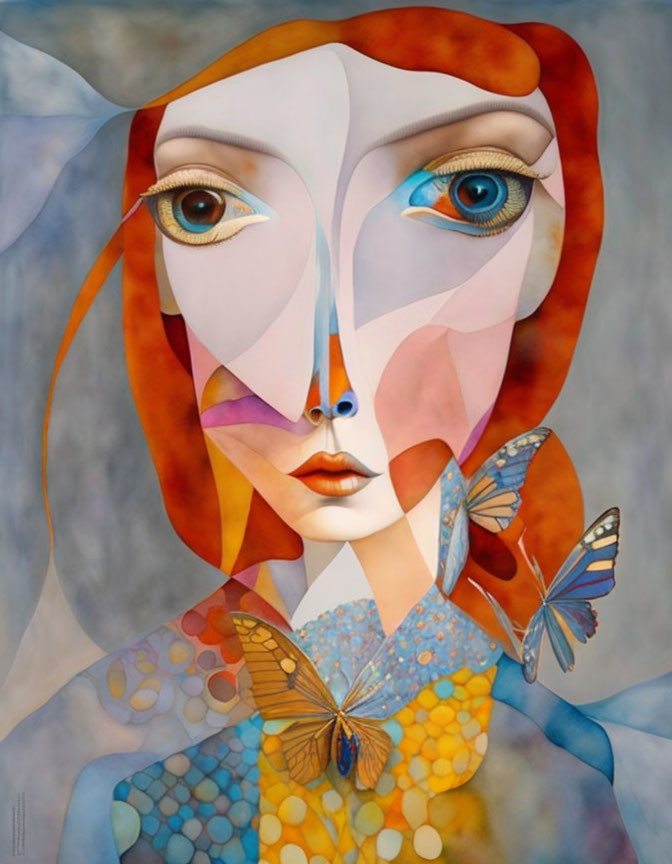 Abstract surreal portrait of a stylized woman with expressive blue eyes and colorful butterflies