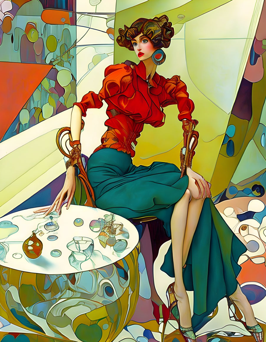 Artistic depiction of woman with elaborate hair at table in colorful background