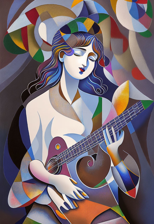 Vibrant Cubist Painting of Woman Playing Guitar