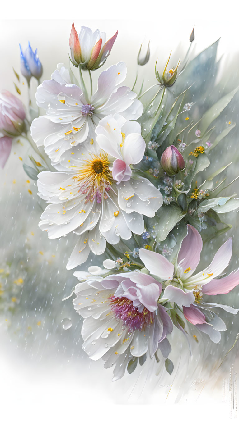 White and Pale Pink Flower Bouquet with Blue and Dewdrops on Misty Background