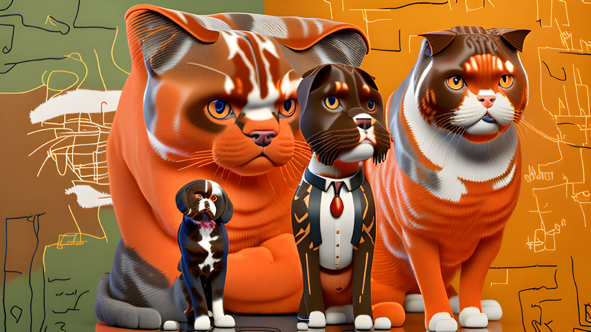 Stylized anthropomorphic animals in formal attire on abstract background