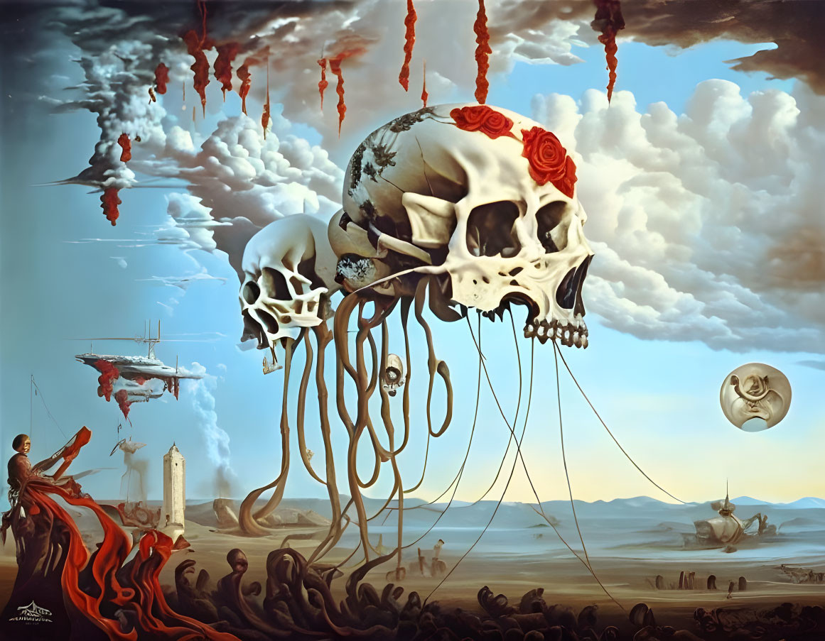 Surreal painting: floating skull, roses, jellyfish tentacles, beach figures, plane,