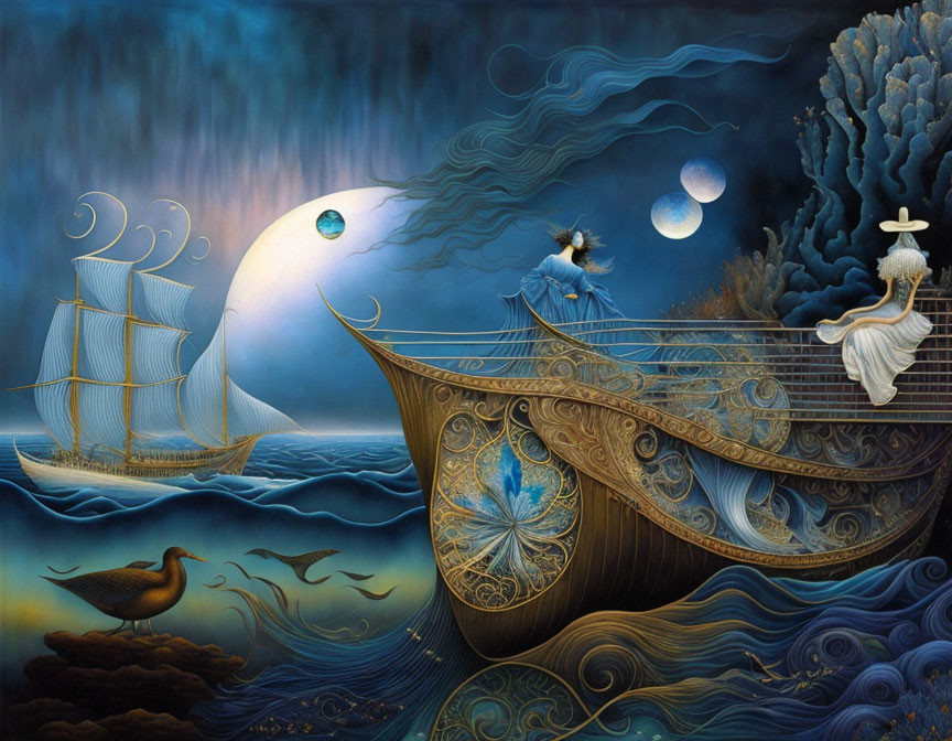 Surreal artwork featuring woman on boat, sea, ship, fish, moonlit sky, birds