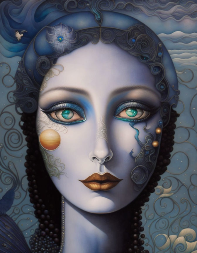 Surrealist portrait of a woman with exaggerated blue eyes and celestial elements