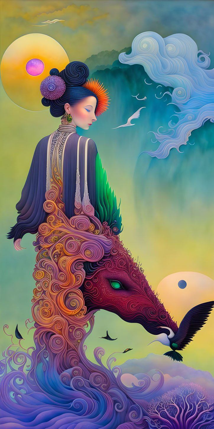 Illustration of woman merging into peacock against dreamy backdrop