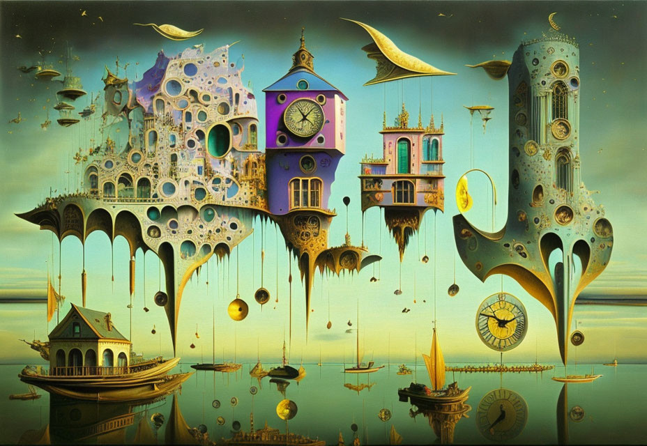 Surrealist artwork with floating clock-adorned structures and whimsical sailing vessels