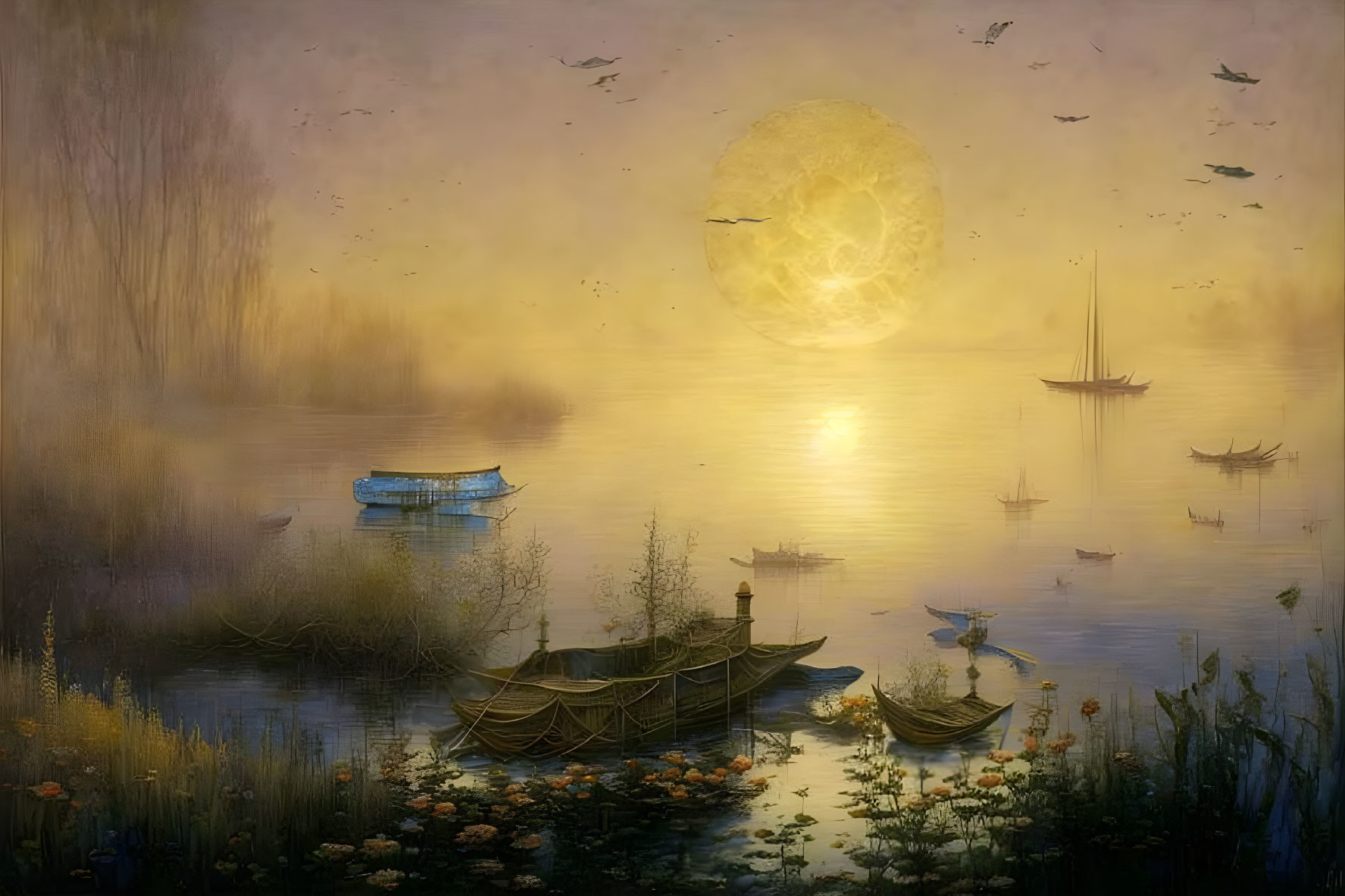 Tranquil Moonlit Scene with Boats, Birds, and Golden Haze