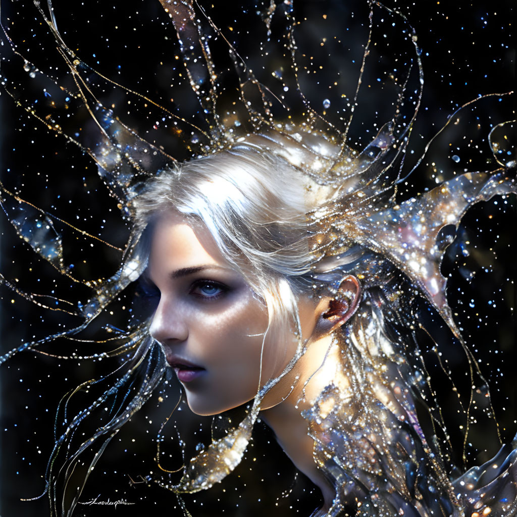 Fantasy female figure with ethereal adornments on starry background