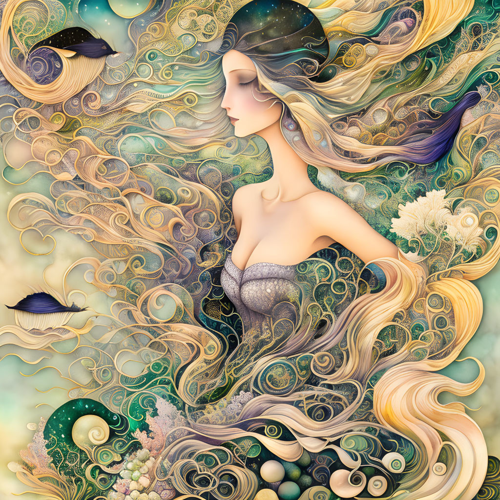 Fantasy illustration of woman with cosmic elements and sea life.