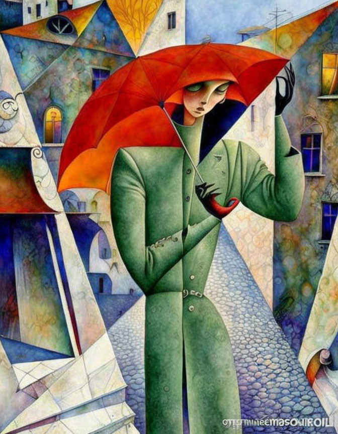 Stylized painting of person with orange-red umbrella in cubic architectural background.