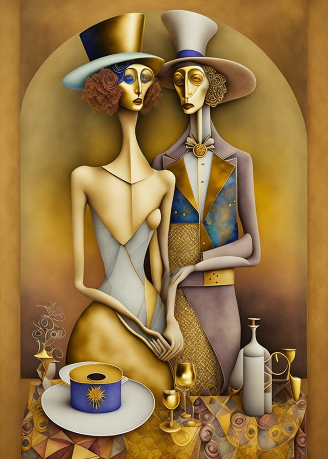 Vintage-style Artwork: Elegant Couple in Stylized Attire by Table with Tea Cup and Wine