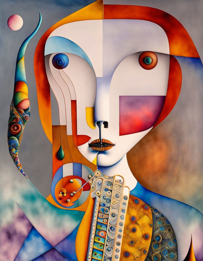 Colorful Abstract Cubist Painting of Stylized Face with Asymmetrical Features