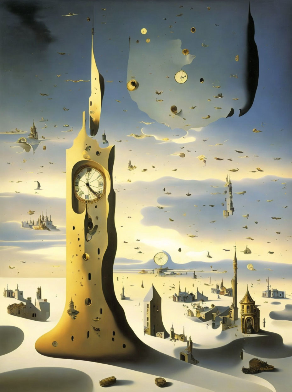 Surrealist artwork: Melting clocks in desert landscape