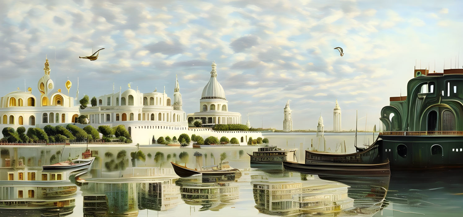 Elegant white buildings and gondolas in surreal landscape