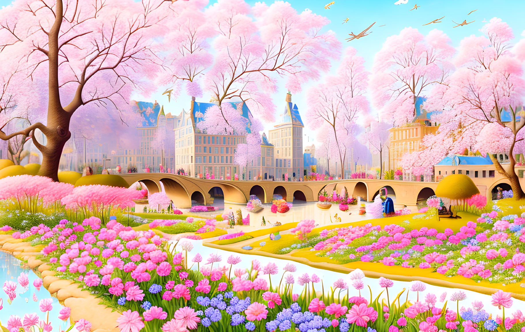 Whimsical springtime illustration with cherry trees, river, bridges, flowers, and buildings