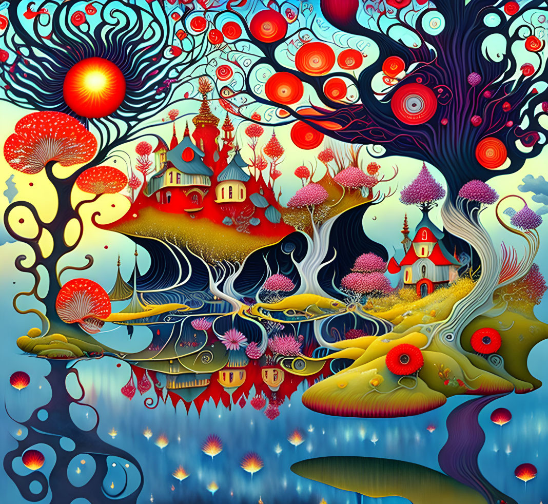 Colorful whimsical landscape with stylized elements and mirrored water.